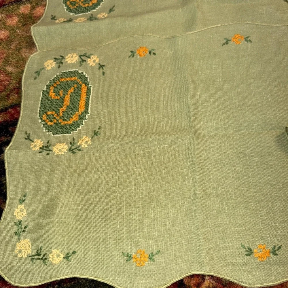 Lot 8 Vintage Hand stitched Embroidered Linens  Green Linen Floral Cottagecore